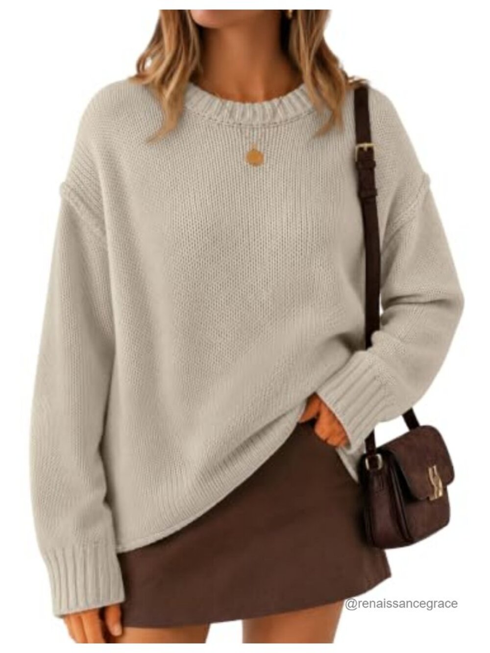 Womens Long Sleeve Crewneck Oversized Chunky Sweater Cotton Blend